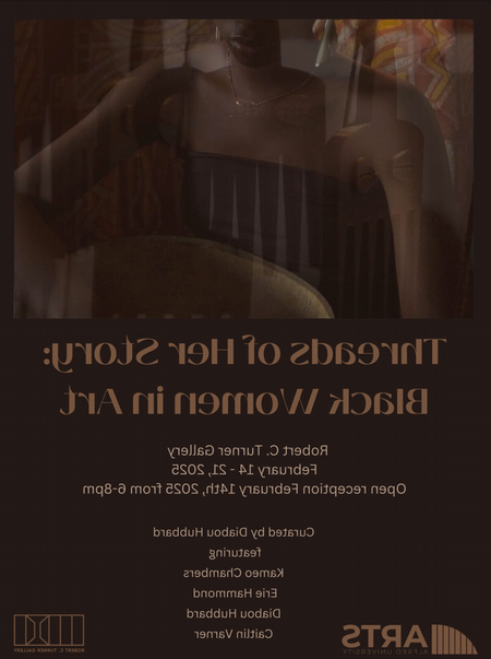 dark brown poster with image of a woman's face and event text in orange